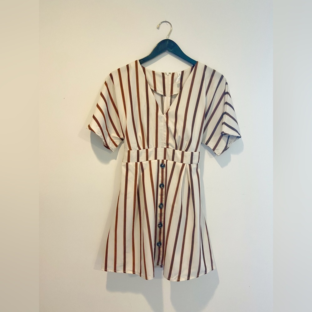 Cream, brown and black striped mini dress